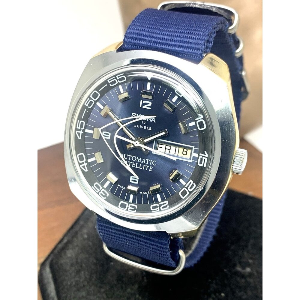 Sicura Men's Watch Satellite Swiss Automatic Blue Dial Day Date Nylon Strap 42mm